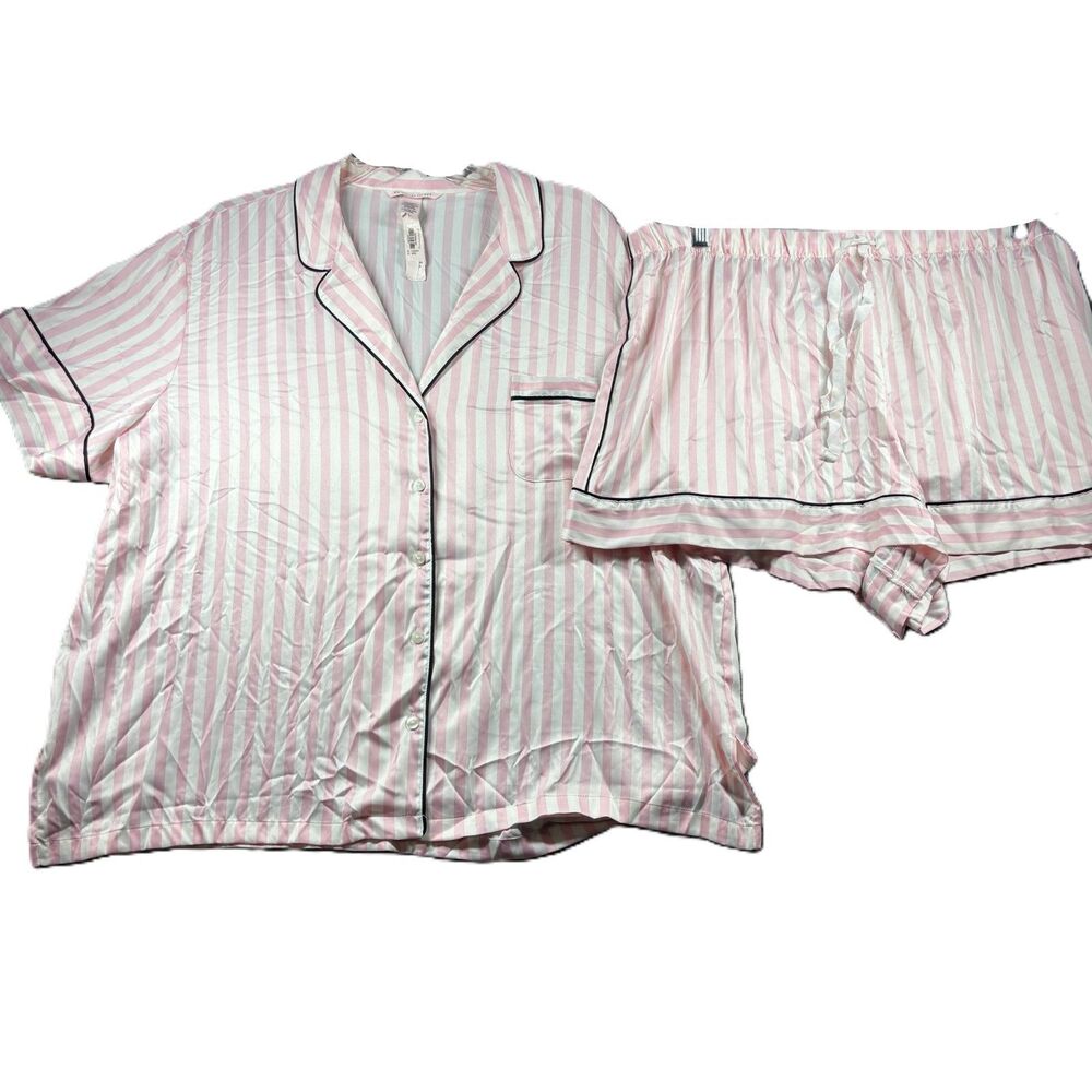 Victoria's Secret Women Pajama Set NEW Shorts Top Satin Striped Pink XXL Q216